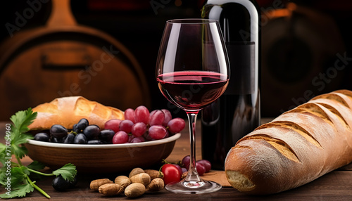 Freshness and gourmet, wine, bread, fruit, wood, generated by AI
