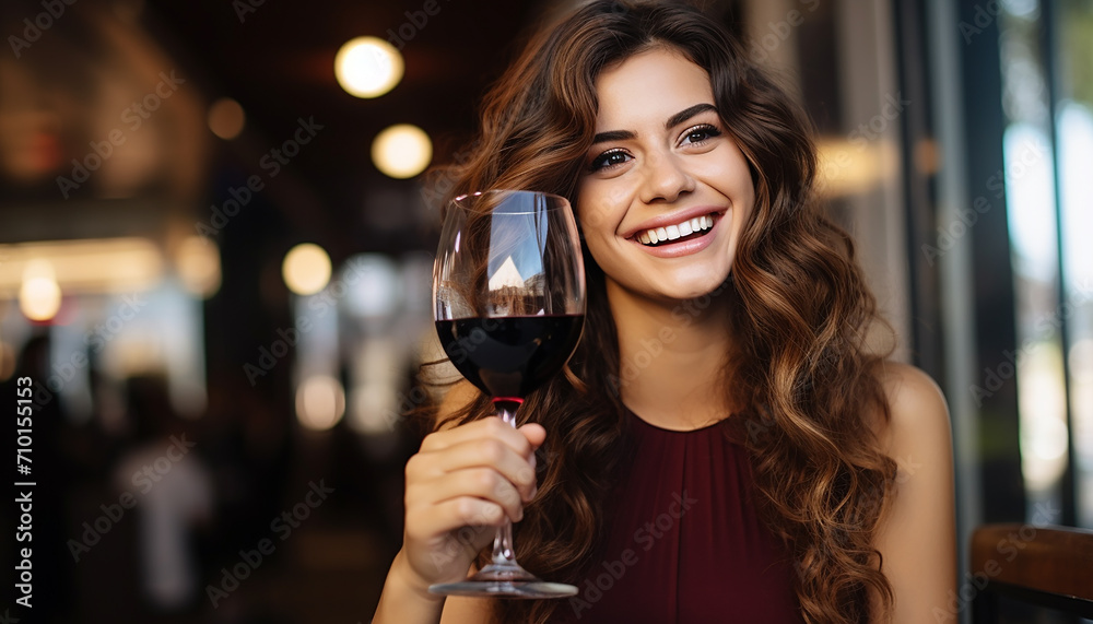 Smiling young woman enjoying wine at a bar, generated by AI Smiling young woman enjoying wine at a bar, generated by AI