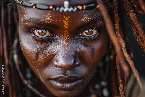 beautiful african tribe woman, tribal markings, very detailed eye and iris, rasta hair, she is looking straight into the camera photo