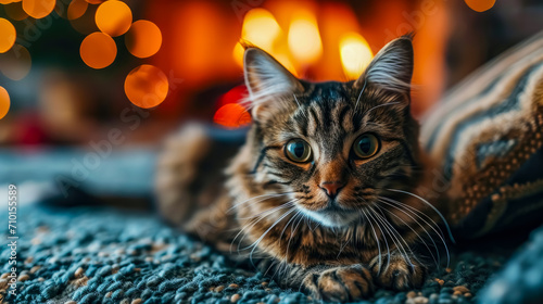 Cute siberian cat lying in front of fireplace at home.  © korkut82