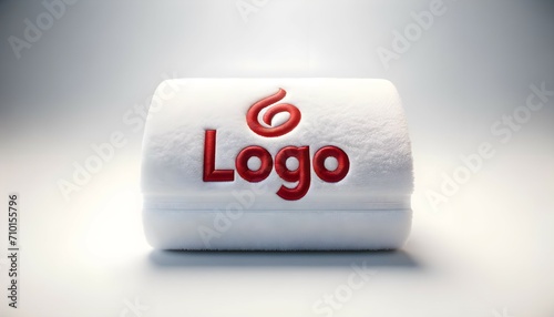 Broderie sur textile : Logo rouge sur une serviette blanche en coton