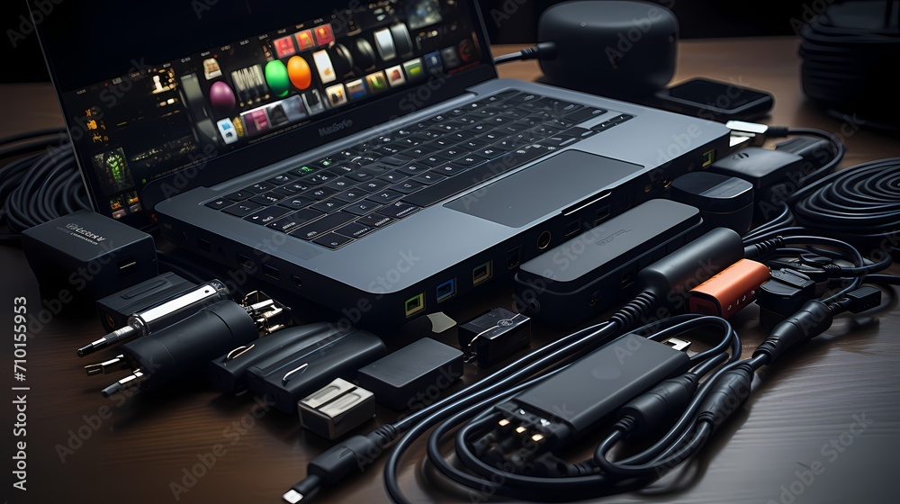 A top view of a USB hub with multiple ports, connected to various devices, such as external hard drives, flash drives, and a webcam