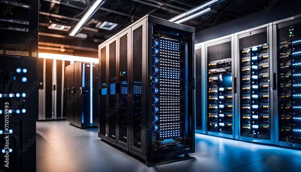 A server room full of computer servers. A server room full of computer servers.