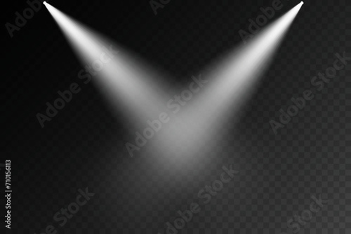 Dark stage on transparent background, neon light from spotlight, empty dark stage and studio room with rays of light.  For product demonstrations.