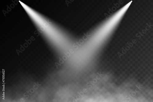 Dark stage on transparent background, neon light from spotlight, empty dark stage and studio room with soaring smoke.  For product demonstrations.