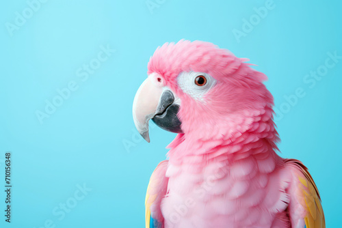 Close up of pink parrot in side view on plain blue background. © Milan