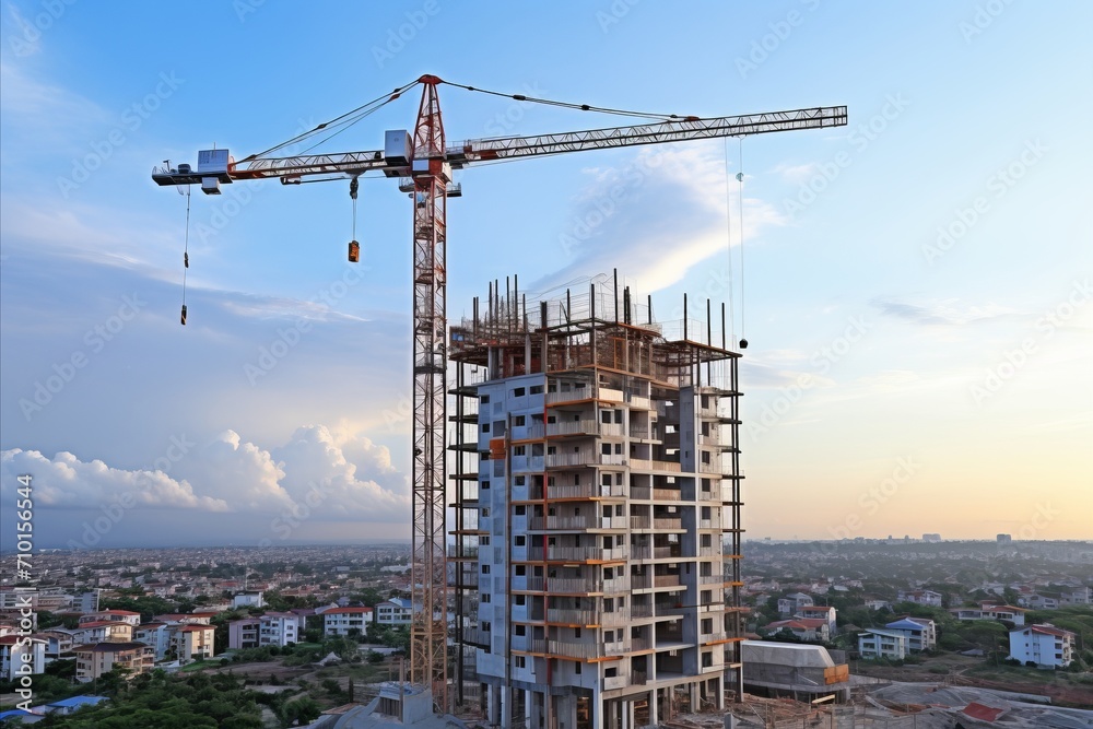 Construction crane erecting stunning unfinished skyscraper in vibrant urban landscape