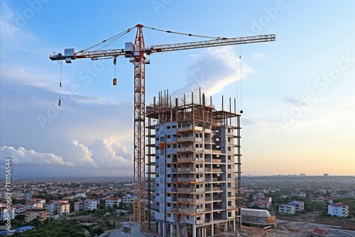 Construction crane erecting stunning unfinished skyscraper in vibrant urban landscape photo
