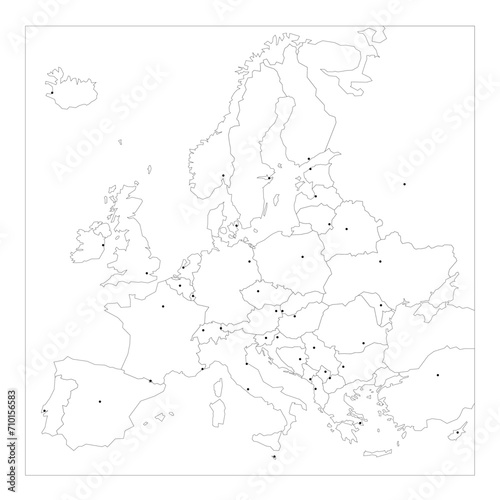 Political map of Europe. Blue colored blank vector map with capital cities of european countries.
