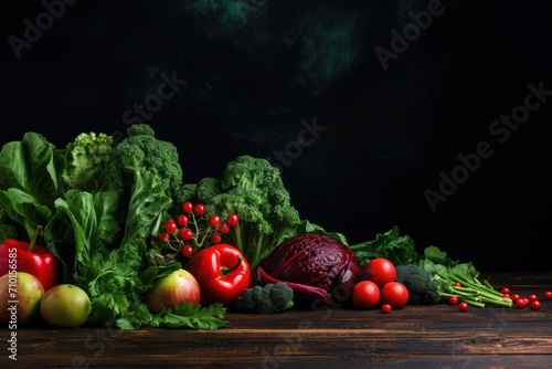 A pile of different vegetables stacked on a wooden table on a dark background