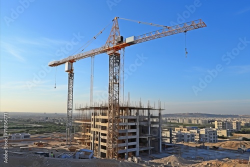 Construction crane lifting materials for building tall skyscraper at construction site