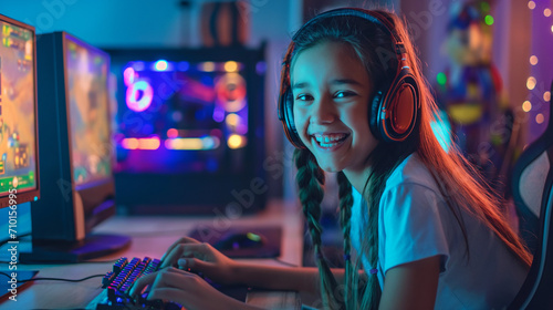 Image of excited happy girl playing video game photo