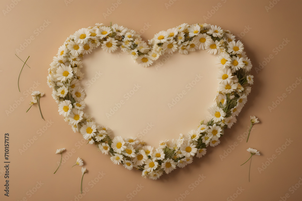 Romantic background with a heart-shaped frame made of white daisies on white heart paper