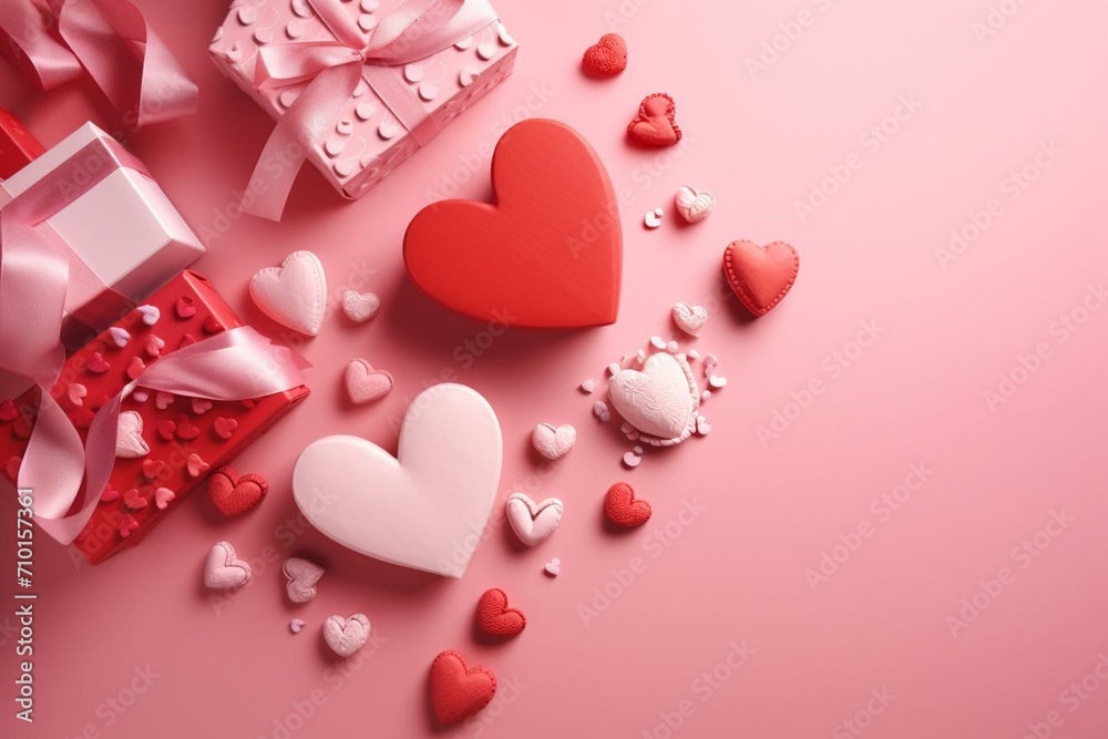 hearts and gifts on a pink monochromatic background. Generative AI