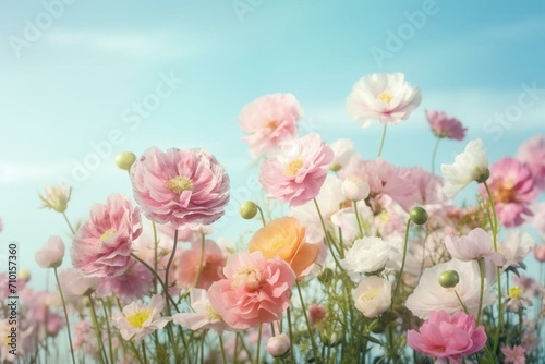 Artistic arrangement of blooming pastel spring flowers against a serene blue sky. Blank space for personalized content. Generative AI © Anais