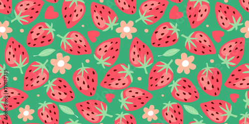 Seamless pattern with juicy strawberries, flowers, hearts. Bright fruity delicious print. Vector graphics.