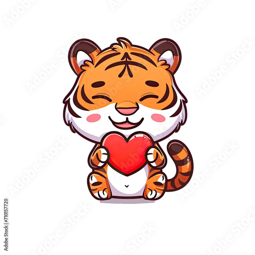 Chibi Tiger Holding a Heart With the Text Benjamin. Isolated on a Transparent Background. Cutout PNG.