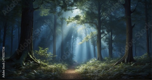An image of an ethereal forest canopy illuminated by the moonlight, where elegant trees cast refined shadows on the forest floor - Generative AI © Huzaifa
