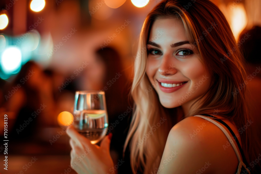 beautiful blond woman drinking in a pub