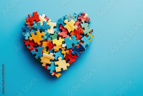Heart made of colorful puzzle pieces on blue background, autism awareness concept. photo