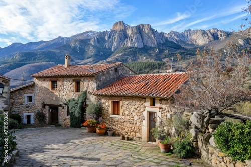 Landscape with old medieval style house with stone walls, historic concept.