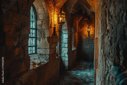 Interior of an ancient medieval castle, edra walls and floor, fantasy concept.