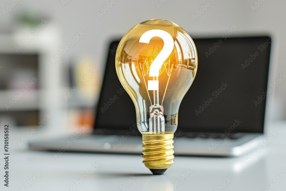 Light bulb with question mark sign and laptop, office in the background ...