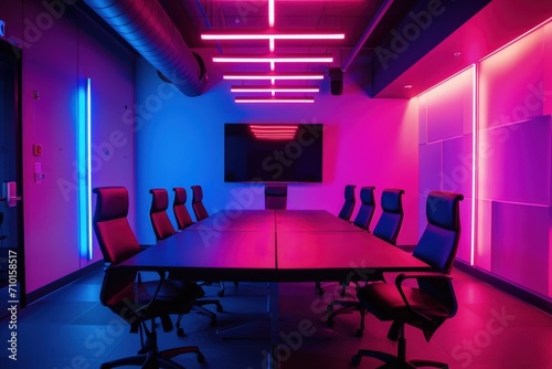 Podcast room with table chairs and pink and purple neon lights, entertainment concept.