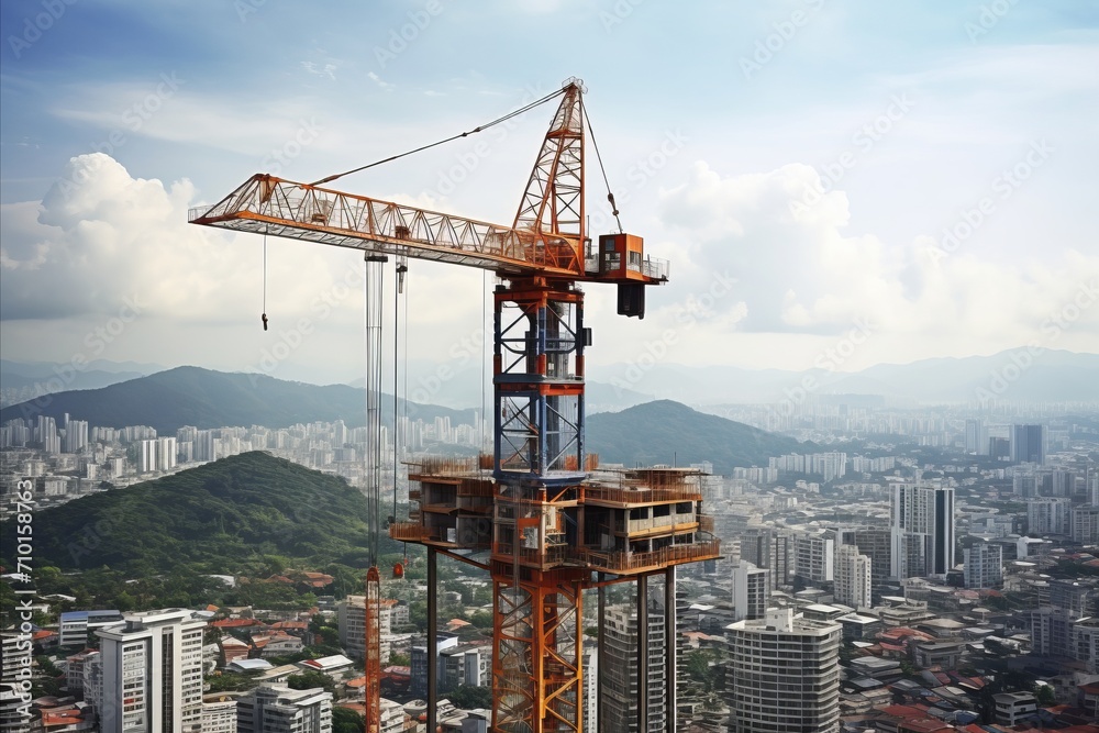 Dynamic construction scene. towering structure rises as construction crane guides progress