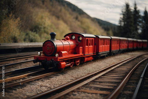 A red old toy train and railway track