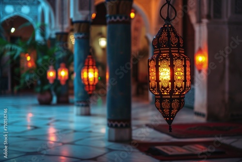 Big empty hall with moroccan lanterns hanging, ramadan concept.
