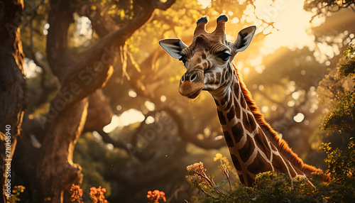 Giraffe in the wild  sunset  beauty in nature generated by AI