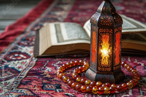 Moroccan hamadan style lantern, isolated wooden background, frame with gold details, Quran on the side. photo