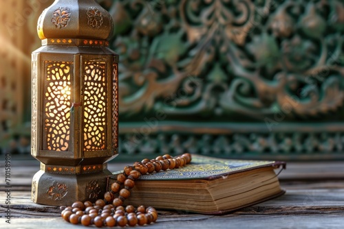 Moroccan hamadan style lantern, isolated wooden background, frame with gold details, Quran on the side. photo