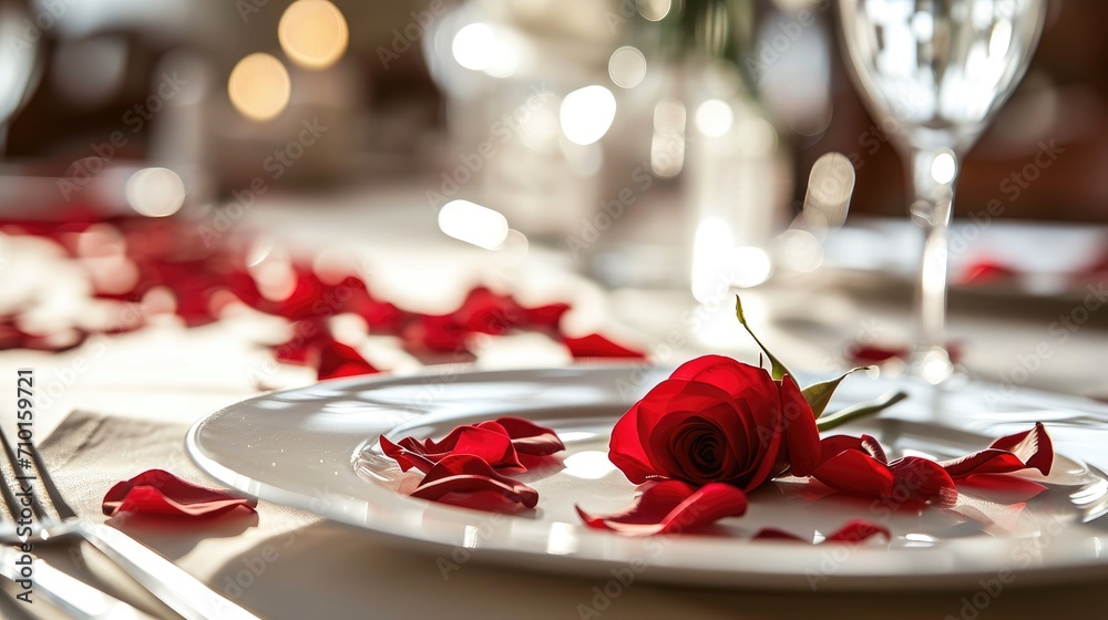 romantic table setting with rose petals, capturing the essence of Valentine's Day through color, composition, and emotion