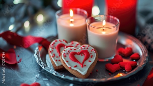  heart-shaped cookies and milk, capturing the essence of Valentine's Day through color, composition, and emotion