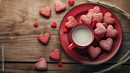 heart-shaped cookies and milk, capturing the essence of Valentine's Day through color, composition, and emotion