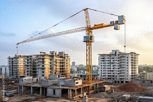 Construction crane operating at the construction site, building a towering structure