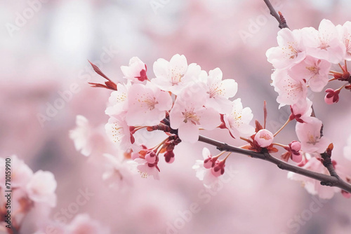 Close up of a beautiful cherry blossom branch with pink flowers  japanese sakura tree  spring equinox blurred nature background