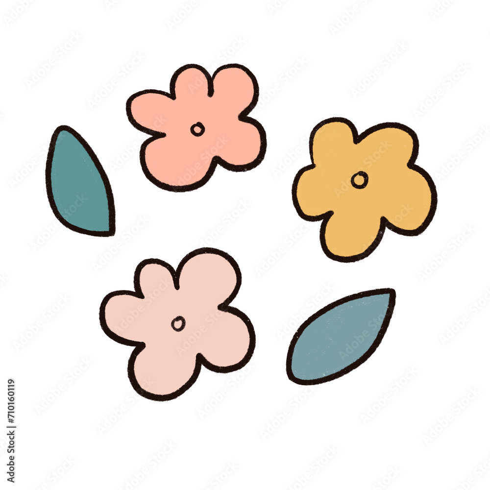 Hand drawn cute flower and leaves isolated. Pastel floral elements doodle style. Simple card design. Seamless pattern. Hand drawn cute flower and leaves isolated. Pastel floral elements doodle style. Simple card design. Seamless pattern.
