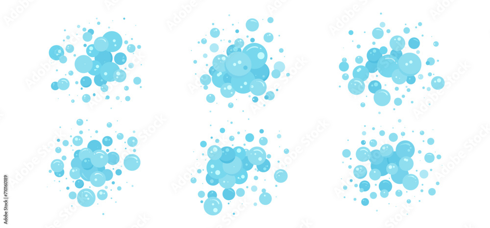 Foam bubble vector water icon set, blue soap, bath shampoo suds splash. Wash, laundry, clean underwater collection. Soda, carbonated fun illustration - obrazy, fototapety, plakaty 