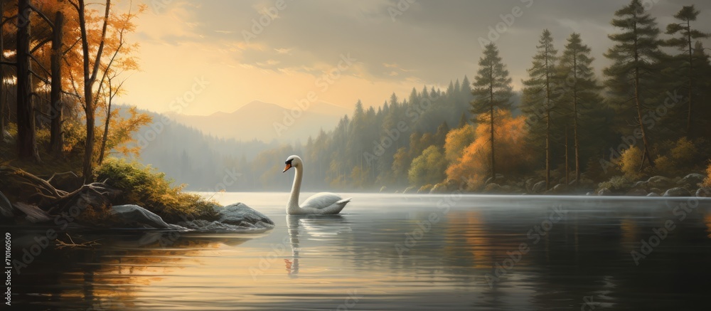 A serene lake with a white swan and a grey goose gracefully swimming. - obrazy, fototapety, plakaty 