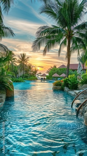 Beachfront resort s opulent swimming pool surrounded by lush tropical landscapes.