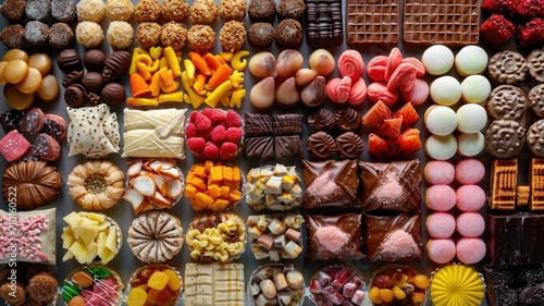 full frame of portioned sweets in a pastry shop with different tastes and fillings