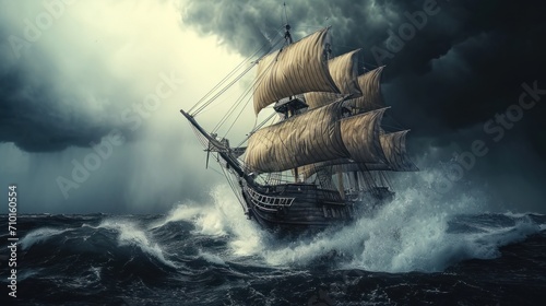 An ancient ship battles the raging sea storm © DreamPointArt