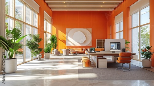 Workspace interior: Bright, inviting office space designed in Apricot Crush color scheme, reflecting positivity and energy, natural light