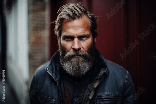 Portrait of a bearded man in a black leather jacket on the street