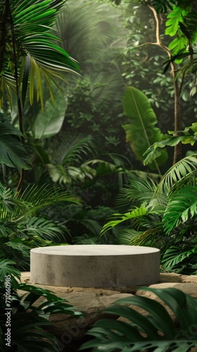Podium pedestal nestled in a lush tropical forest garden with vibrant green plants.