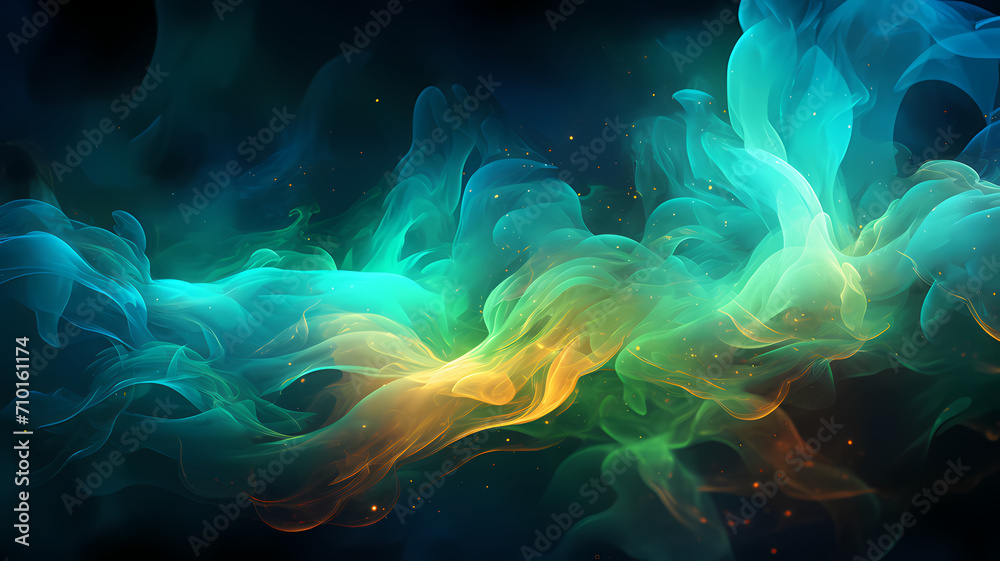 Abstract digital art, blue and green light flares, chaotic design patterns