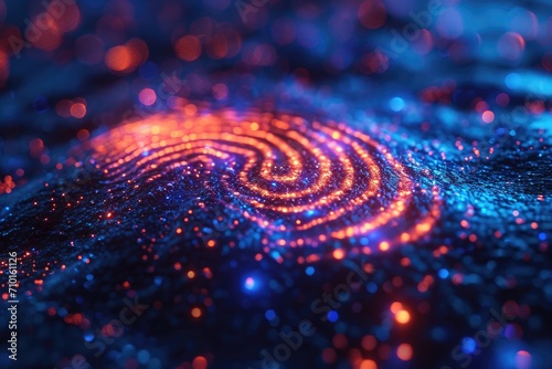 Close-up of a neon glowing fingerprint scan, cybersecurity biometrics theme, high-tech feel